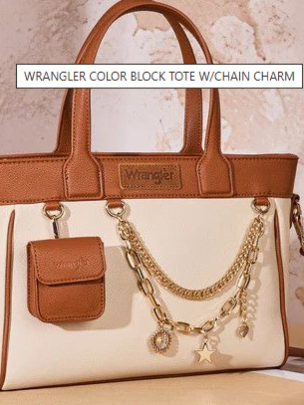 Wrangler Color Block Tote with Chain Charm & Mini Pouch, Brown NWT